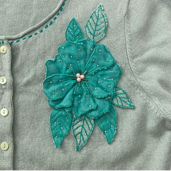 Vintage Y2K Aqua Silk Cashmere Blend Floral Cardigan Size Large Green - Picture 3 of 5